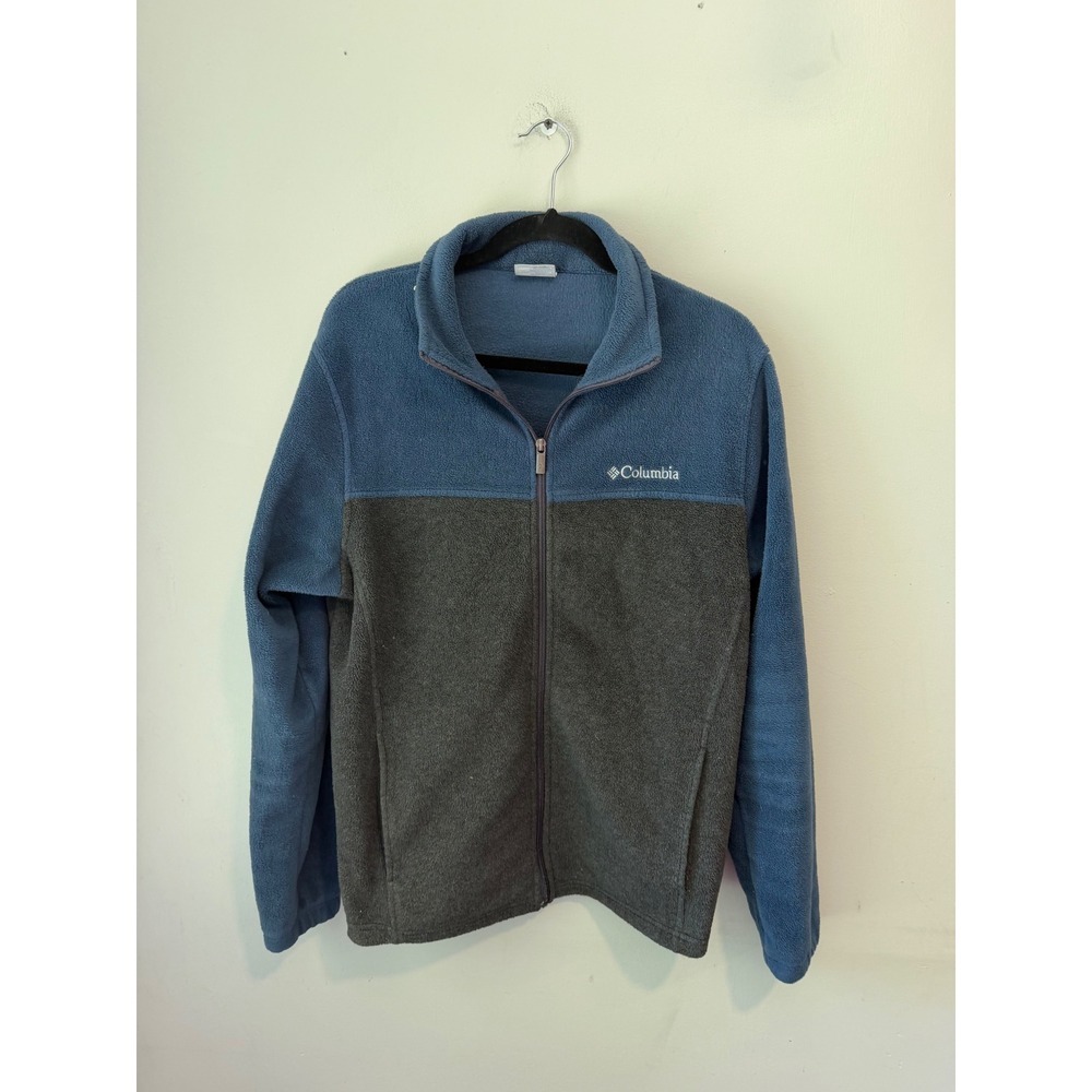Columbia Mens Full Zip Fleece Jacket Blue Gray Colorblock Large L Pocket Logo